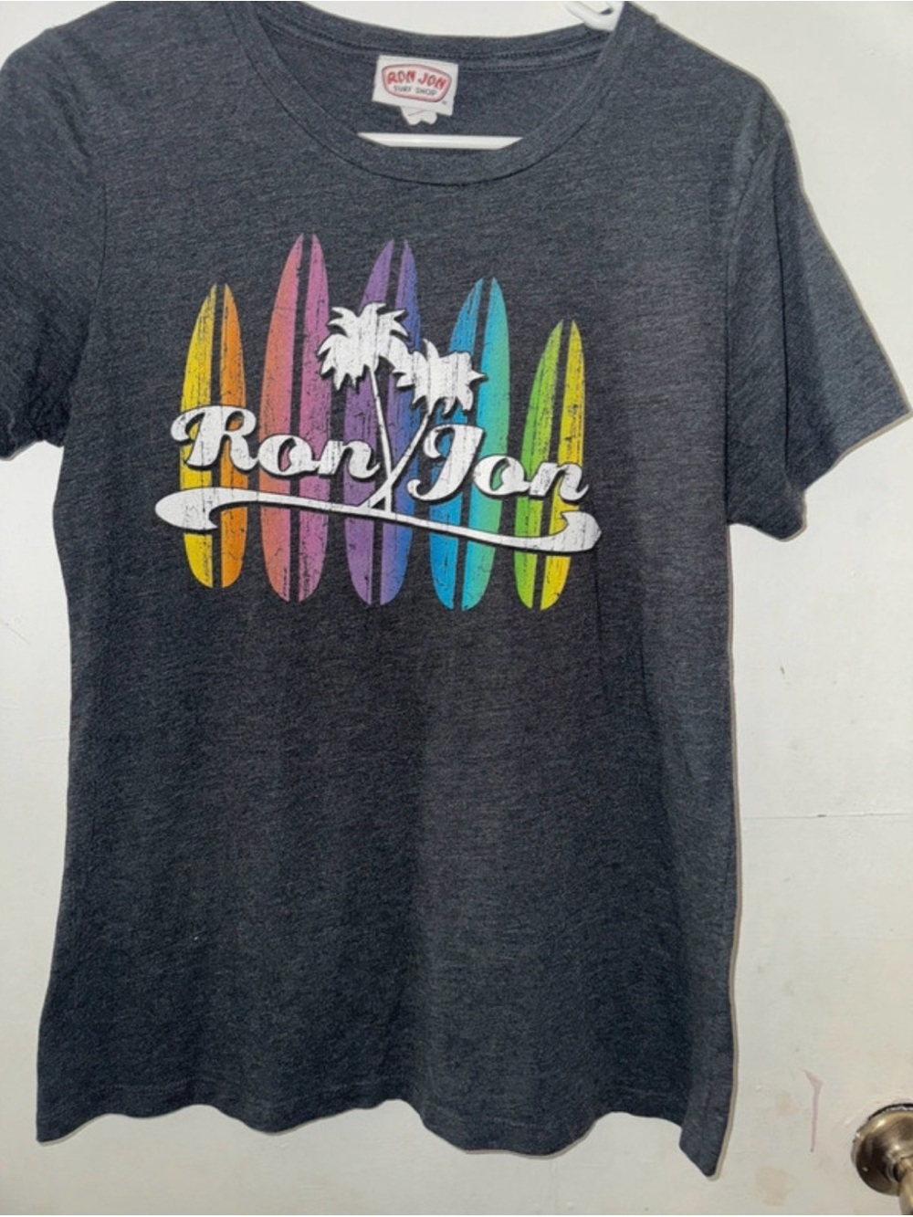 Ron Jon Dark Gray Tee with Multicolor Surfboards